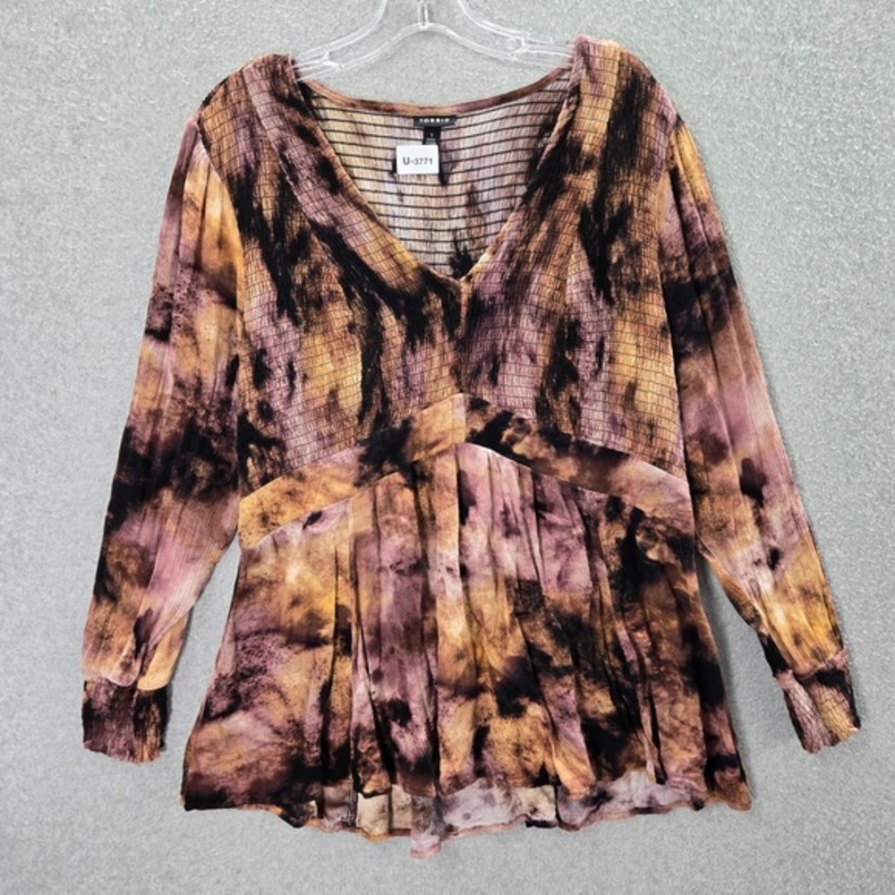 Torrid Women Top 1 Pink Tie Dye Blouse Crinkle V Neck Peplum Long Sleeve